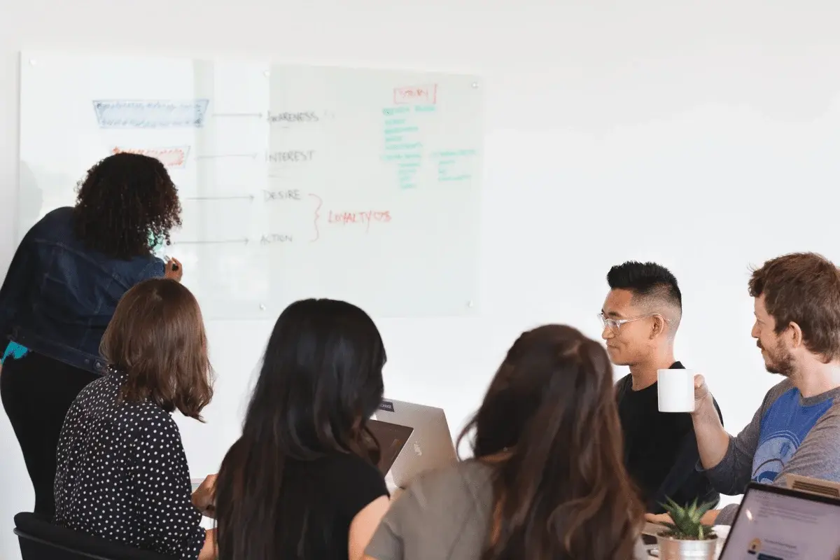 Team brainstorming while leader writes on whiteboard.